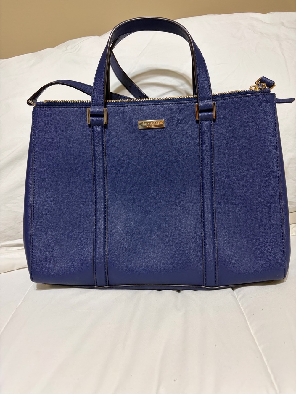 kate spade Blue Structured Saffiano Satchel with Gold Hardware
